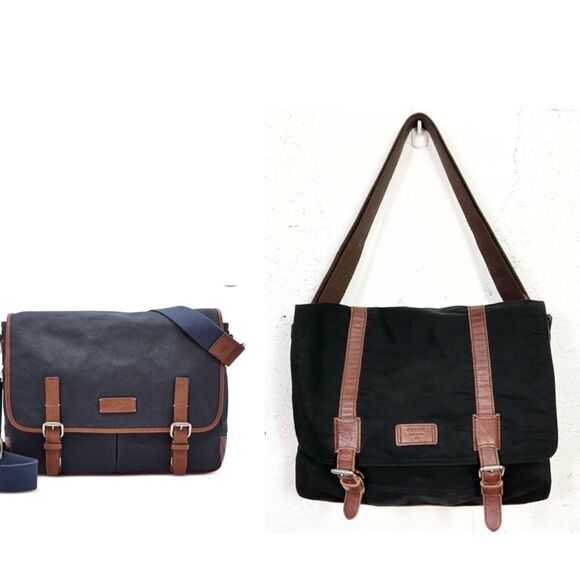 Fossil Canyon Black Brown Foldover Flap Messenger Computer Shoulder Bag